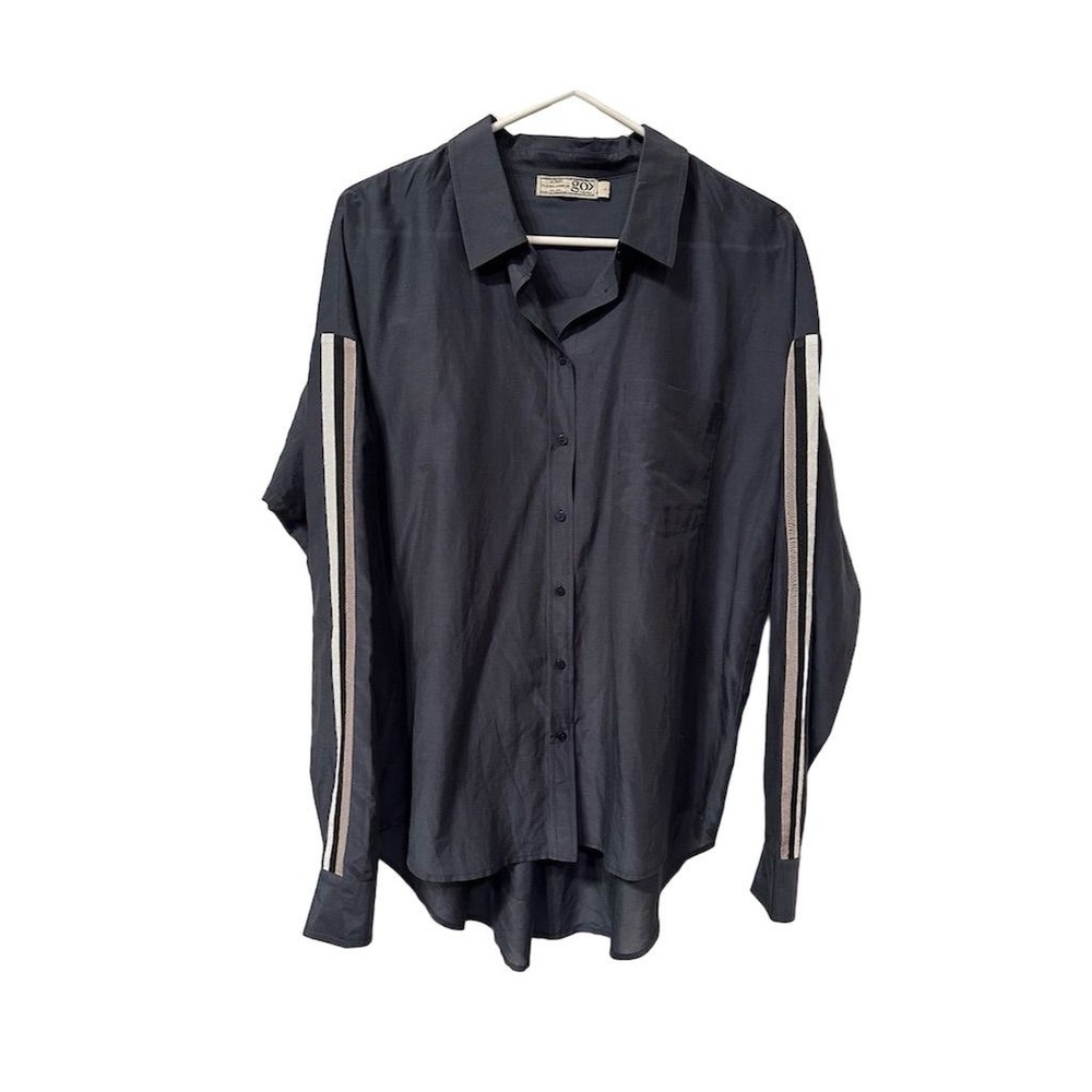 Go Silk Women's Dark Blue Button-Up Shirt w/ Stripe Detail Size L Casual